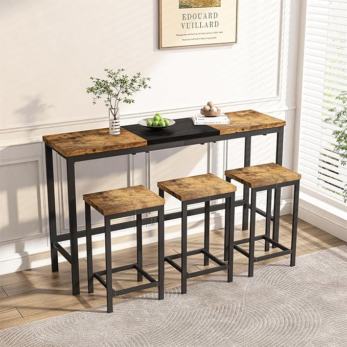 Harper & Bright Designs 4-Piece Dining Table Set, 60.2" L Wood Dining Table with 3 Stools and Metal Frame for Kitchen Dining Room, Convenient Hanging Stool Design, Natural+Black