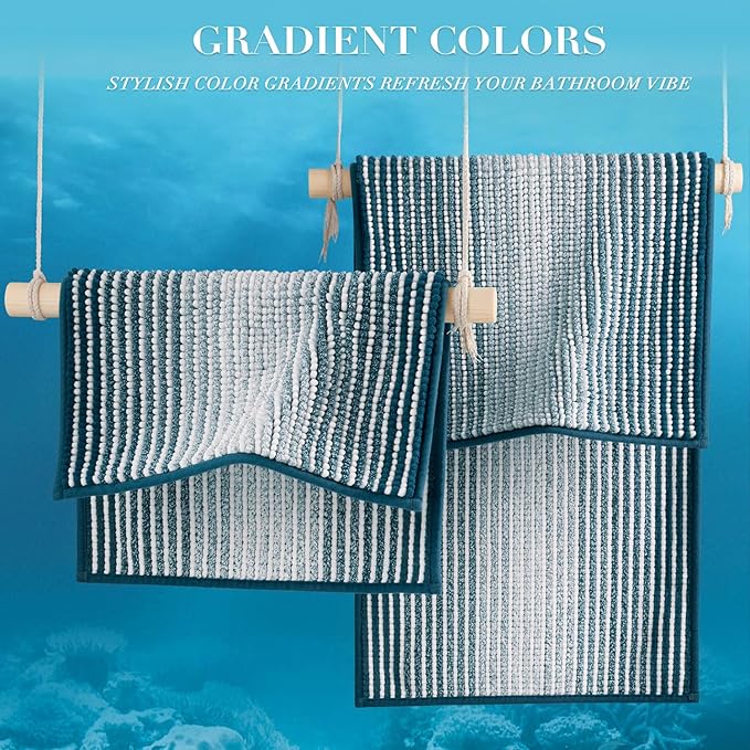 BSICPRO Bathroom Rugs and Mats Sets, 2 Piece Thick Absorbent Chenille Bath Mat Rug Set Non Slip, Soft Shaggy Bath Room Floor Mats for Bathroom, Machine Washable (20" x 60" Plus 20" x 32", Teal)