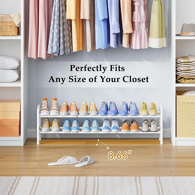 Shoe Rack 2 Tier,41.53'' Adjustable Metal Shoe Organizer for Closet, Bedroom, Entryway,Holds Up to 12 Pairs Shoes,Expandable,White