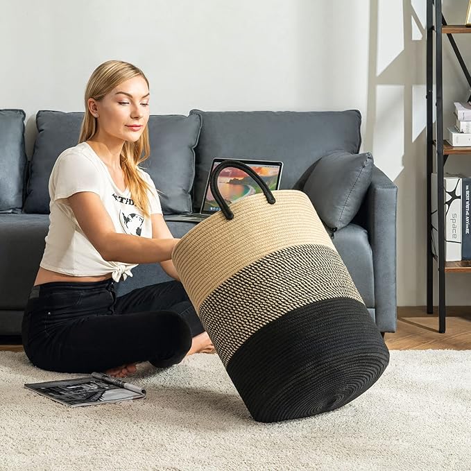 Woven Rope Laundry Hamper Basket, 72L Tall Luandry Basket, Baby Nursery Hamper for Blanket Storage, Clothes Hamper for Laundry in Bedroom-Large-Black & Brown