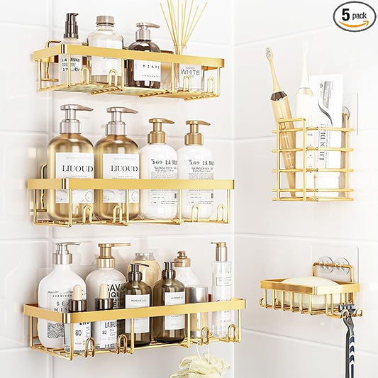 5 Pack Shower Caddy Organizer Rack Shelf for Inside Shower, Self Adhesive Wall Storage Basket Rustproof Stainless Steel Shampoo Holder Bathroom Accessory Decor Set, Gold