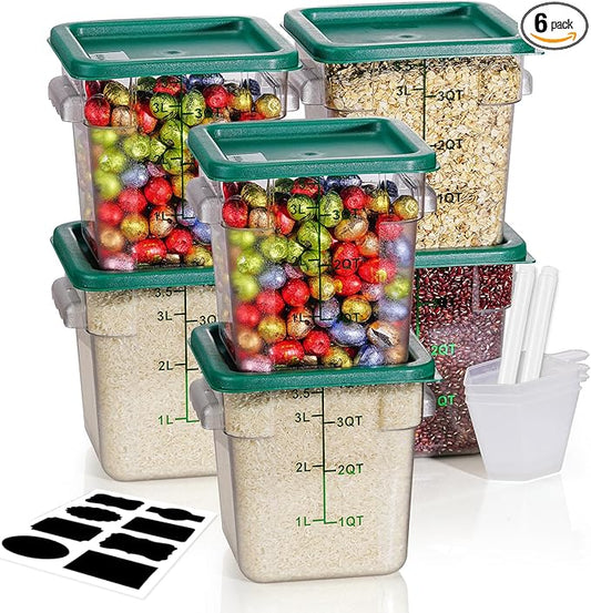 4QT NSF Food Storage Containers: 6 PCS [Food Grade][Hot&Cold Resistant] Commercial Clear Food Storage Containers with Lids for Restaurant Kitchen Proof Dough, Measuring Spoons Included(Green)