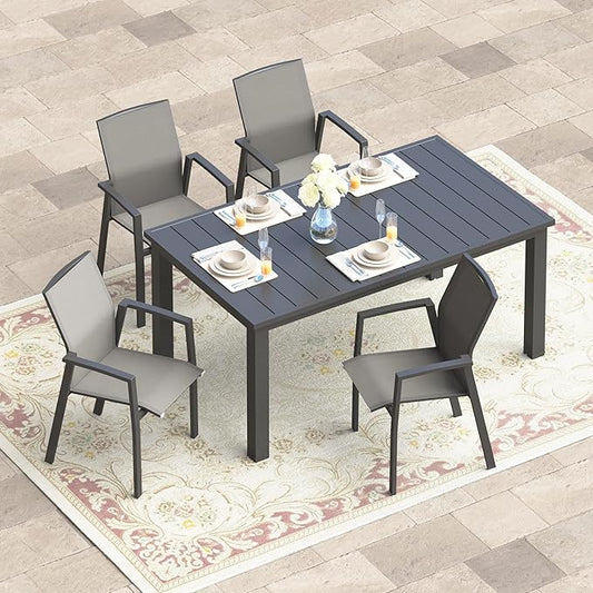 Wisteria Lane 5 Piece Aluminum Outdoor Patio Dining Sets with Fully Assembled Dining Chair，91.3" L×39.4" W Expandable Patio Table and Chairs Set for 4, Stackable Chairs with Quick Drying Fabric, Grey