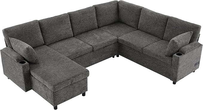 Ball & Cast 109.9" Sectional Sofa with Pull Out Bed, Chenille Upholstered Sleeper Sofa bed with Storage Chaise, Convertible U Shaped Couch with Two Cup Holders and Charging Ports for Living Room, Grey