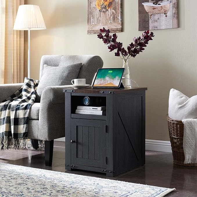 Farmhouse End Table with Charging Station, 20" Nightstand w/Groove Barn Door, Rustic Wood Bedside Table, Side Table with Storage w/Open & Adjustable Shelf for Bedroom, Living Room (Dark Grey)