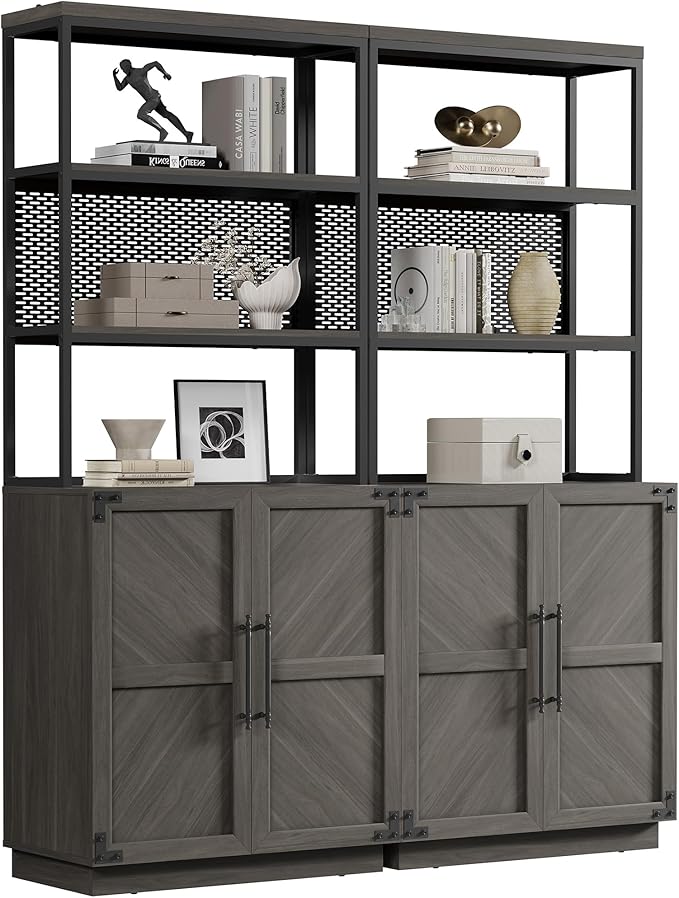 SICOTAS Tall Bookshelf with Storage Cabinet - Modern Book Shelf with Doors and Shelves, 5 Tier Bookcase with Metal Frame Industrial Large Book Case for Home Office, Living Room, 75 Inch, Ash Ash Gray