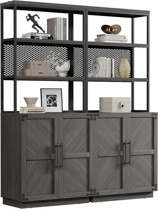 SICOTAS Tall Bookshelf with Storage Cabinet - Modern Book Shelf with Doors and Shelves, 5 Tier Bookcase with Metal Frame Industrial Large Book Case for Home Office, Living Room, 75 Inch, Ash Ash Gray