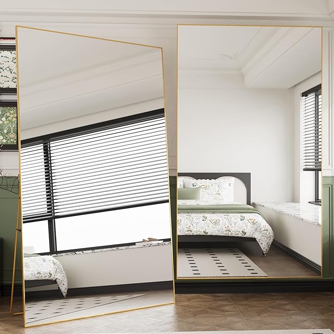 FANYUSHOW 76.3"x37" Full Length Mirror Floor Standing Aluminum Frame for Living Room, Tempered Glass Floor Mirror, Simple Home Decor, Wall Decor for Bedroom & Bathroom, Large Full Body Mirror, Gold