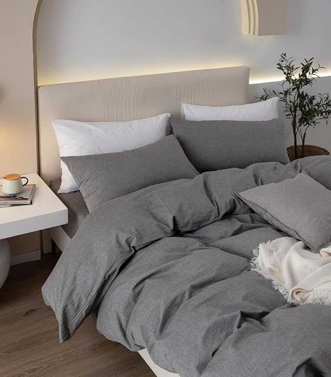 JIYUAN 100% Washed Cotton Duvet Cover Set 3 PCS Oversized King, 1 Duvet Cover 120"x98" (Comforter Not Included) and 2 Pillowcases,Linen Feel Bedding Set Comfy and Breathable, Heathered Dark Grey