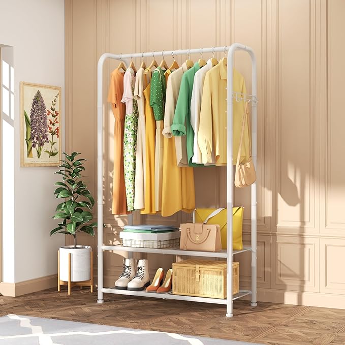 SINGAYE Clothing Racks Portable for Hanging Clothes Garment Rack Heavy Duty Clothes Rack Storage Coat Hanger Stand Portable Closet to Hang with Shelves Wardrobe Standing Organizer Drying White