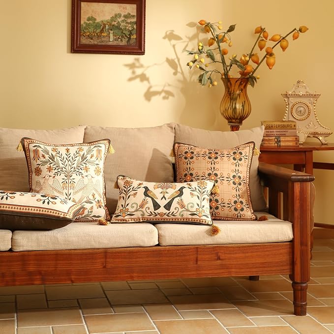 Brown Throw Pillow Covers Set of 4,Floral Farmhouse Linen Accent Pillows Cover for Couch Throw Pillows Cases,Decor Lumbar and Square Pillows for Couch Sofa Bed Chair Cushion Covers