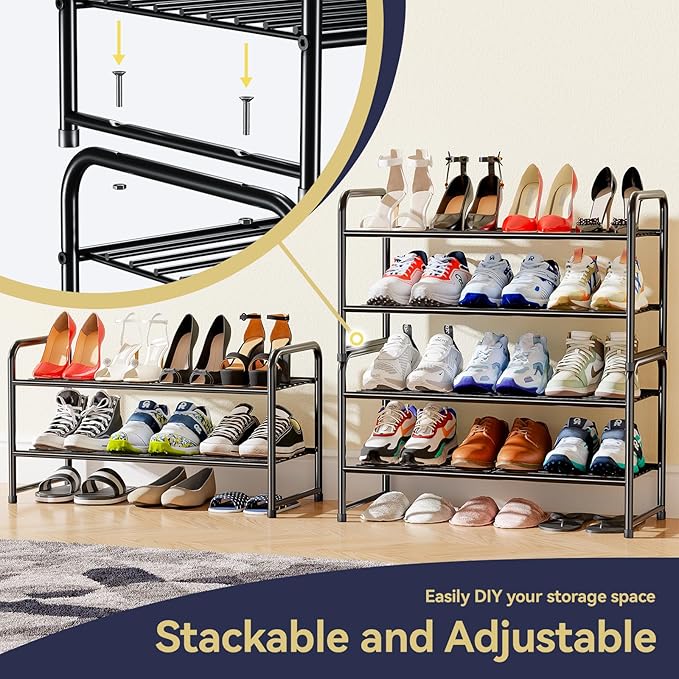 2-Tier 27” Wide Shoe Rack for Closet, Metal Stackable Shoe Shelf Organizer, Black