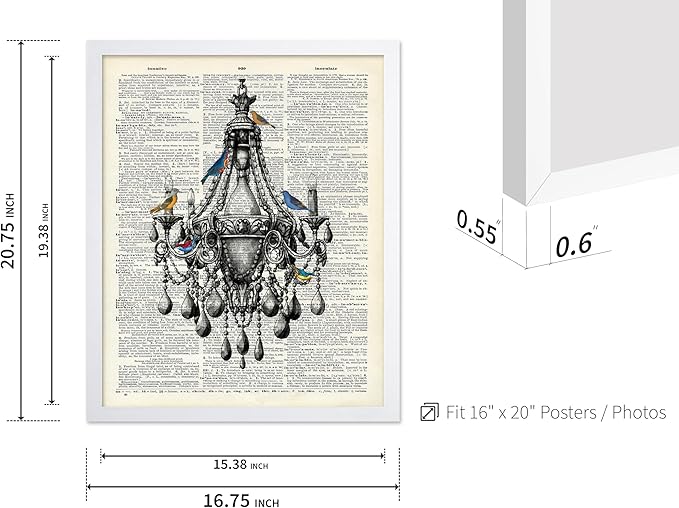 Poster Master Dictionary Art Poster - Antique Chandelier Print - Bird Art - Baroque Art - Gift for Men & Women - Chic Decor for Living Room, Dining Room, Bedroom or Kitchen, 16x20 White Framed