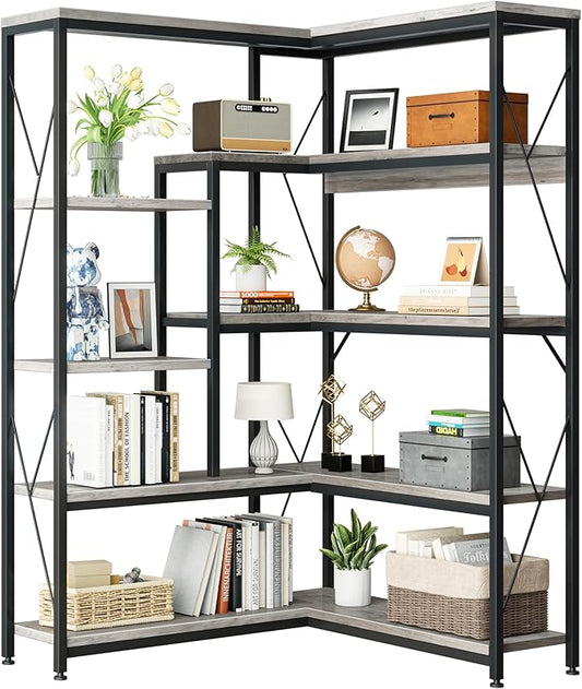 JAMFLY 5-Tier Corner Bookshelf, Industrial Corner Bookcase, Book Shelves with Metal Frame, Large Open Display Bookshelves, L-Shaped Shelf for Living Room, Bedroom, Home Office, Grey