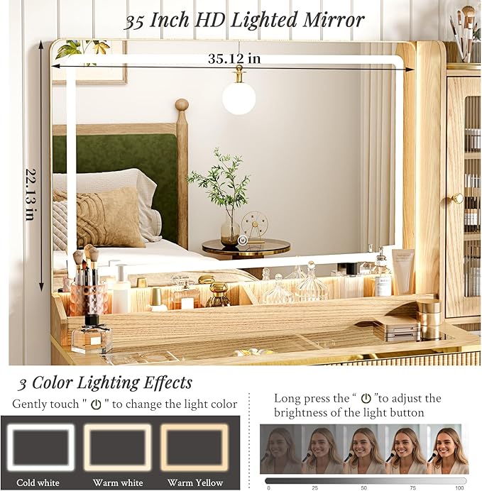 Vanity Desk with 35.12" HD Lighted Mirror, 46.85" Big Modern Vanity Desk with Mirror and Lights, Makeup Vanity with 7 Drawers and Storage Shelves and Charging Station, Oak