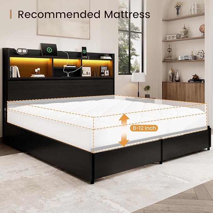 King Storage Bed Frame with 6 Drawers, USB Charging Station, No Noise, No Box Spring Required, Vintage Black Headboard Platform Bed