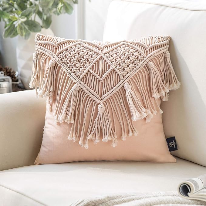 Phantoscope 100% Cotton Handmade Crochet Woven Boho Throw Pillow Farmhouse Pillow Insert Included Decorative Cushion for Couch Sofa Pink 18 x 18 inches