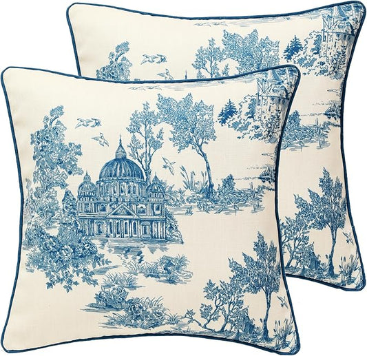 patdrea Designer Square Throw Pillow Covers Set of 2,Rustic Linen with Chinoiserie Blue Scenery Pattern Pillows Cover,Decorative Pillowcases Cushion for Bed Living Room Outdoor Car,18 x18 Inches