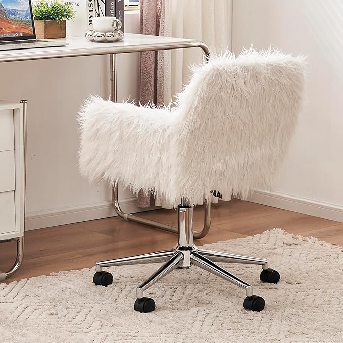 Goujxcy Fluffy Desk Chair, White Faux Fur Vanity Chair Swivel Office Chair for Girls Women, Height Adjustable Cute Plush Furry Makeup Chairs for Bedroom Home Office