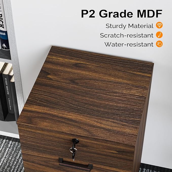 VINGLI 2 Drawer File Cabinet with Lock, Wood Dark Brown File Cabinets for Letter Size File Folders with Tabs, Under Desk Rolling Filing Cabinet for Home Office, Mobile File Organizer Printer Stand