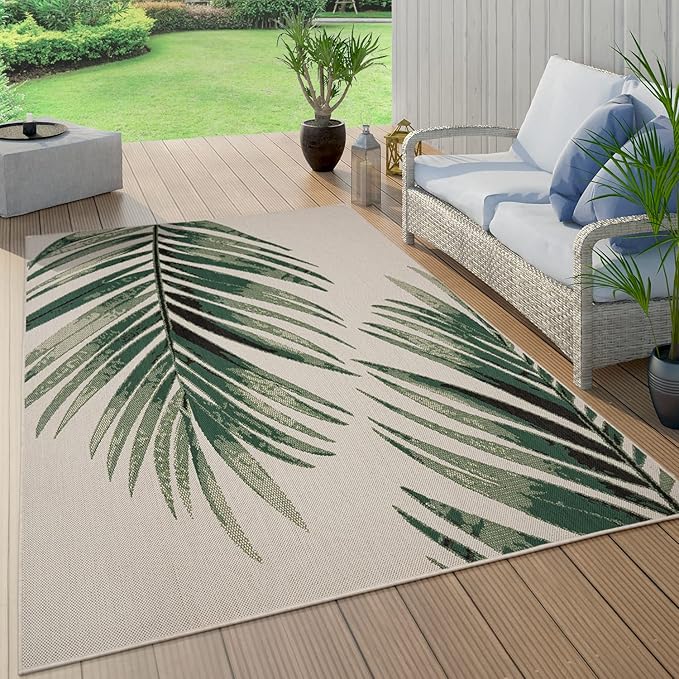 Outdoor Rug Beige Green with Floral Palm Leaf Design Waterproof, Size: 2' x 3'3"