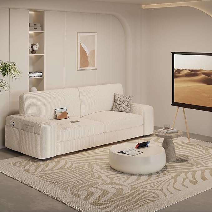 Yaheetech 83.5" W Modern Sofa Couch Corduroy Fabric Sofa with Detachable Cover, USB Charging Ports & Side Storage Pockets for Living Room Apartment, Ivory