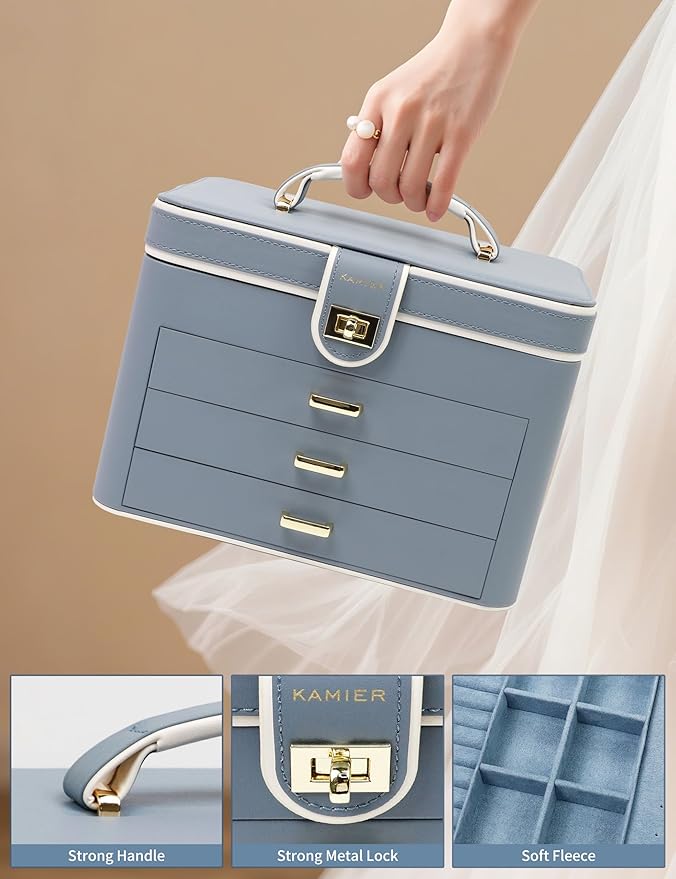 KAMIER Jewelry Boxes for Women, 4 Layer Jewelry Organizer with Mirror, 3 Drawers, Large Jewelry Box for Bracelets, Earrings, Rings, Necklaces, Mothers Day Gifts for Loved One, Bluish Grey