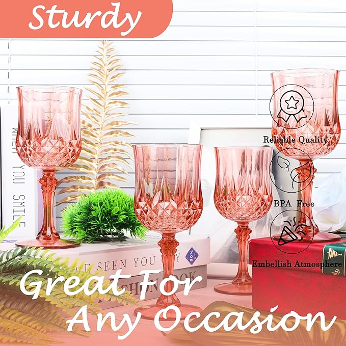 Plastic Wine Glasses，Plastic Goblets Vintage Style Cordial Drinking Glasses for Wedding Reception, Grand Event Party Supplies (24, Rose Gold)