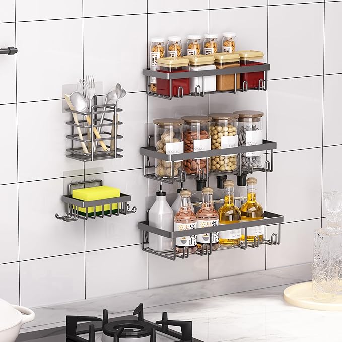 5 Pack Shower Caddy Organizer Rack Shelf for Inside Shower, Self Adhesive Bathroom Wall Storage Basket Rustproof Stainless Steel Large Capacity Shampoo Holder, Dark Grey