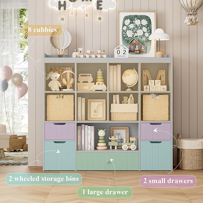 HORSTORS 48" W Kids Toy Storage Organizer, Large Toy Storage Chest with Removable Bins, 46" H Kids Bookshelf and Bookcase with Drawers for Boys and Girls, Modern Toy Box for Playroom, Classroom, Grey