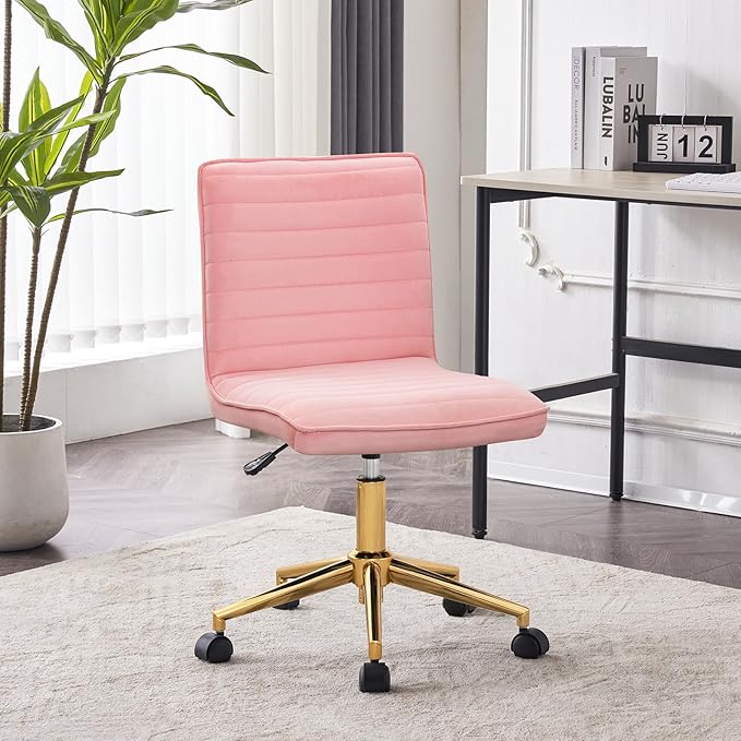 Furnimart Pink Swivel Armless Desk Chair with Wheels, Small Velvet Upholstered Home Office Desk Chair Mid-Back Adjustable Chair for Teen Girl Vanity Desk Bedroom Dorm Living Room (Velvet-Pink)