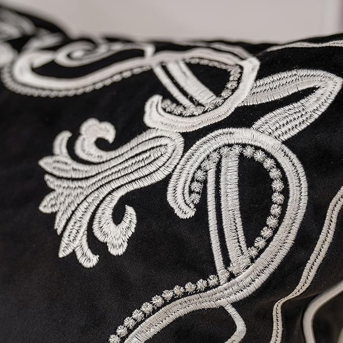 Aeckself European Floral Pillow Cover 12x20 Inch, Luxury Velvet Embroidered Lumbar Pillow Case for Sofa Bedroom Living Room White Black
