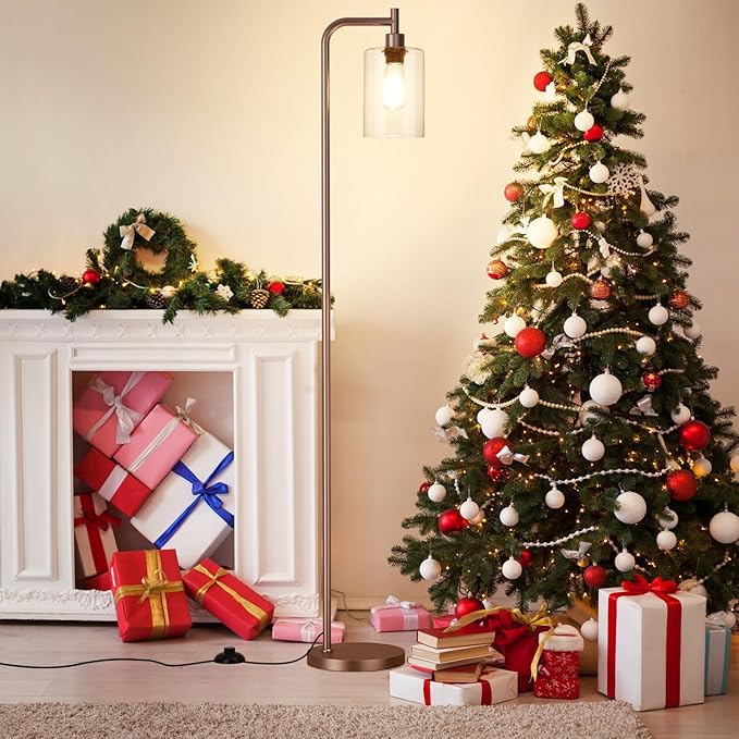 Floor Lamps for Living Room - Industrial Standing Lamp with Glass Shade, Modern Floor Lamp with LED Bulbs, Farmhouse Floor Lamp for Bedroom, Tall Lamp for Office - Brown