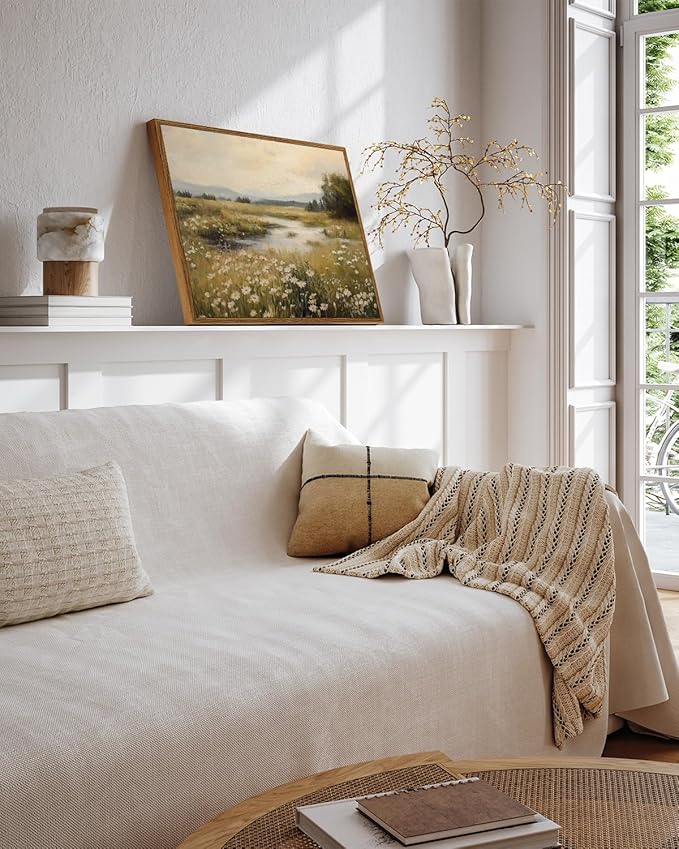 InSimSea Framed Canvas Wall Art Vintage Decor, Farmhouse Wall Decor for Living Room Bedroom Office Bathroom, Spring Landscape Wildflower Field Oil Painting Prints, Home Desk Decorations, 12x16inch