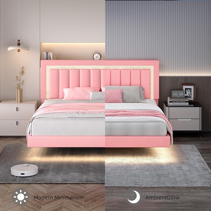 HOMBCK Floating Bed Frame King with Smart LED Lights, Faux Leather Upholstered Bed with Diamond PU Headboard, No Box Spring Needed, Noise-Free, Easy Assembly, Pink