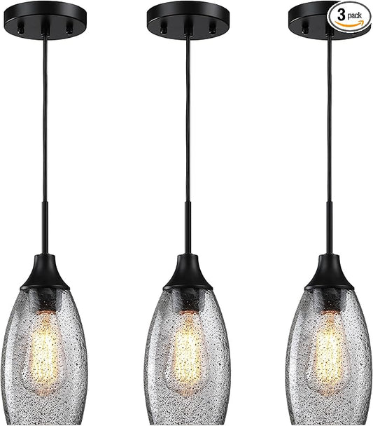 Mini Glass Pendant Light,4.72" Black Glass Hanging Light 3-Pack Handblown Clear Black Seeded Shade Adjustable Cord Ceiling Light Fixture for Kitchen Island Sink