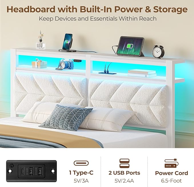 Seventable Full Size Bed Frame with 4 Storage Drawers, Charging Station & LED Lights, Upholstered Headboard with 2-Tier Shelves, Metal Platform Bed, No Box Spring Needed, Noise-Free, White