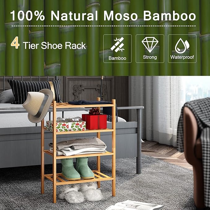 Small Shoe Rack, 4-Tier Bamboo Stackable Shoe Shelf Storage Organizer, Shoe Stand for Closet, Entryway and Hallway