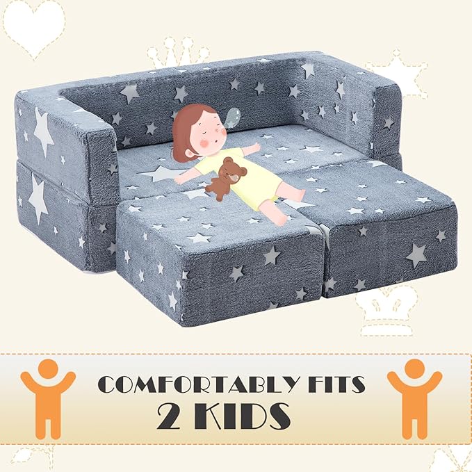Kids Play Couch 3-in-1 Modular Toddler Baby Couches Foam Armchair for Boys & Girls Children Convertible Sofa to Lounger Fold Out Kids Furniture Sofa Play Set, Grow in The Dark Star