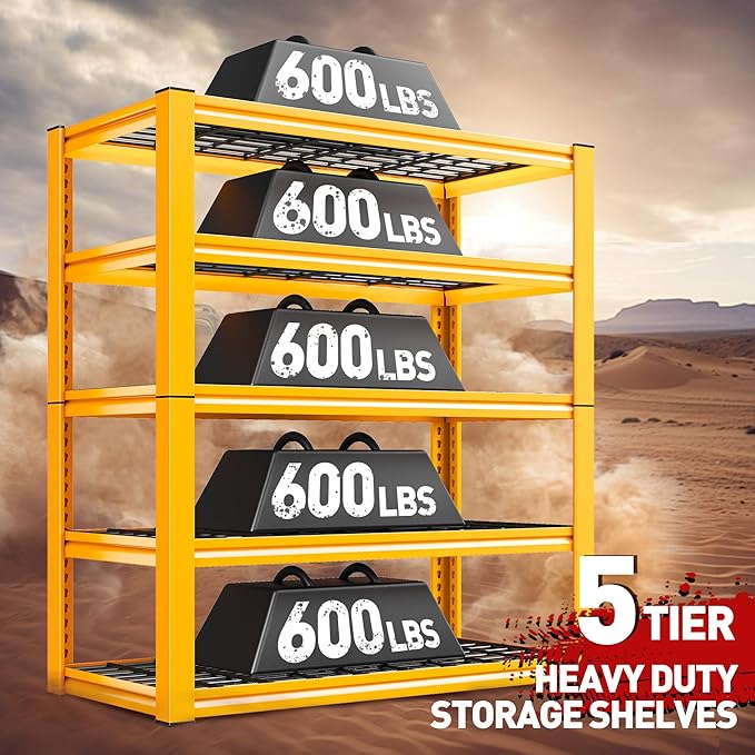 REIBII Garage Shelving Load 3000LBS, 5-Tier Storage Shelves, Adjustable Heavy Duty Metal Shelving Unit for Pantry, Basement, Warehouse, 72" H x 36" W x 16" D H, 3PC