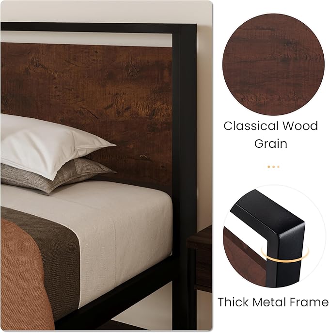 SHA CERLIN 14 Inch Twin Size Metal Platform Bed Frame with Wooden Headboard and Footboard, Mattress Foundation, No Box Spring Needed, Large Under Bed Storage, Heavy Duty Slats Support, Mahogany