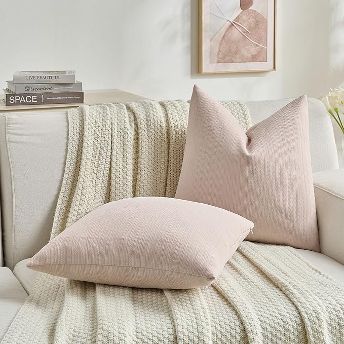 FUTEI Pink Decorative Throw Pillow Covers 24x24 Inch Set of 2,Soft Cozy Wheat Ear Striped Patterns European Cushion Cases,Modern Home Decor for Couch Bed Living Room