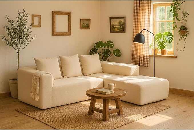 KEIKI L-Shape Cloud Sectional Sofa, 96” Modern Modular Boneless Couch with Left Chaise Lounge, Upholstered Couches for Living Room Bedroom, Beige