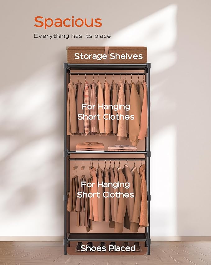 Clothes Rack, Portable Closet, 27.6 Inch Wardrobe Closet, Clothes Storage Organizer with Shelves and 2 Hanging Rods, Easy to Assembly, Black PCT001B01