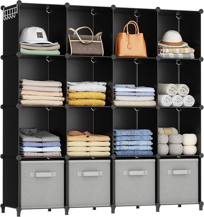 HOMIDEC Closet Organizers and Storage, 16 Cube Storage Organizer, Closet Organizer Bookshelf Cubes Shelves for Clothes, Bedroom, Kids Room, Bathroom, Wardrobe, Garment Racks, Black
