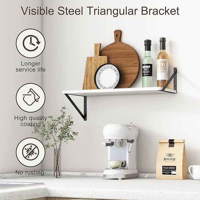 Deep White Floating Shelves for Wall, 24"W x 10"D Wall Shelves Set of 2, 10 Inch Deep Floating Shelf with Brackets, Wide Display & Storage Shelves for Books, Living Room, Kitchen, Bathroom