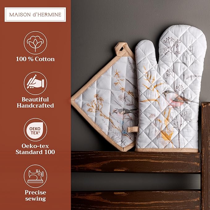 Maison d' Hermine 100% Cotton Oven Mitt & Pot Holder Set (7.5"x13" & 8"x8") Heat Resistant BBQ Cooking Gloves with Loop, Grilling, Kitchen, Handling Hot Pans Spring/Summer (Meadow Florals - Beige)