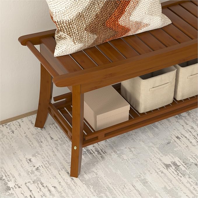 Bamboo Entryway Storage Bench with Shelves Shoe Rack Bench Seat Organizer for Porch Bedroom Bathroom Balcony 39 x 13 x 19.2 Inches Chestnut Brown