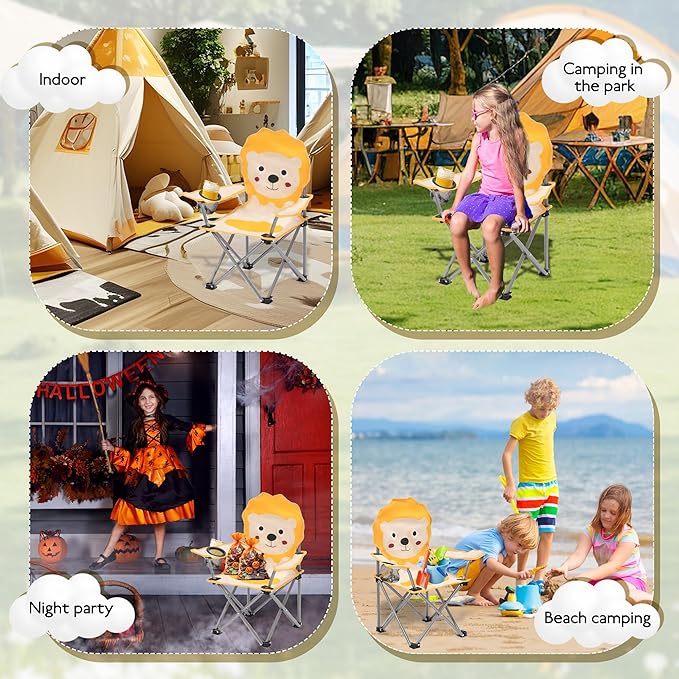 XMT Kids Folding Chair with Cup Holder - Portable Lightweight Outdoor & Indoor Chair for Children Ages 3-9, Anti-Slip Base, Sturdy Metal Frame, Compact Foldable Design with Carry Bag (Yellow/Brown)