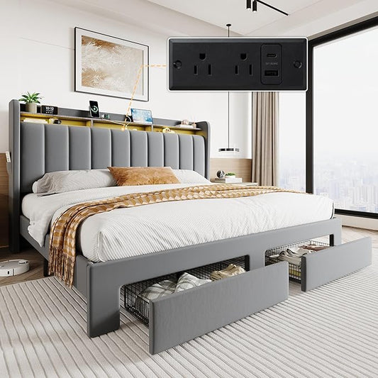 SHA CERLIN Velvet King Size Bed Frame with Vertical Channel Tufted Wingback Headboard & 2 Storage Drawers/2-Tier Shelves with LED Lights & Charging Station/Noise-Free/No Box Spring Needed/Light Grey